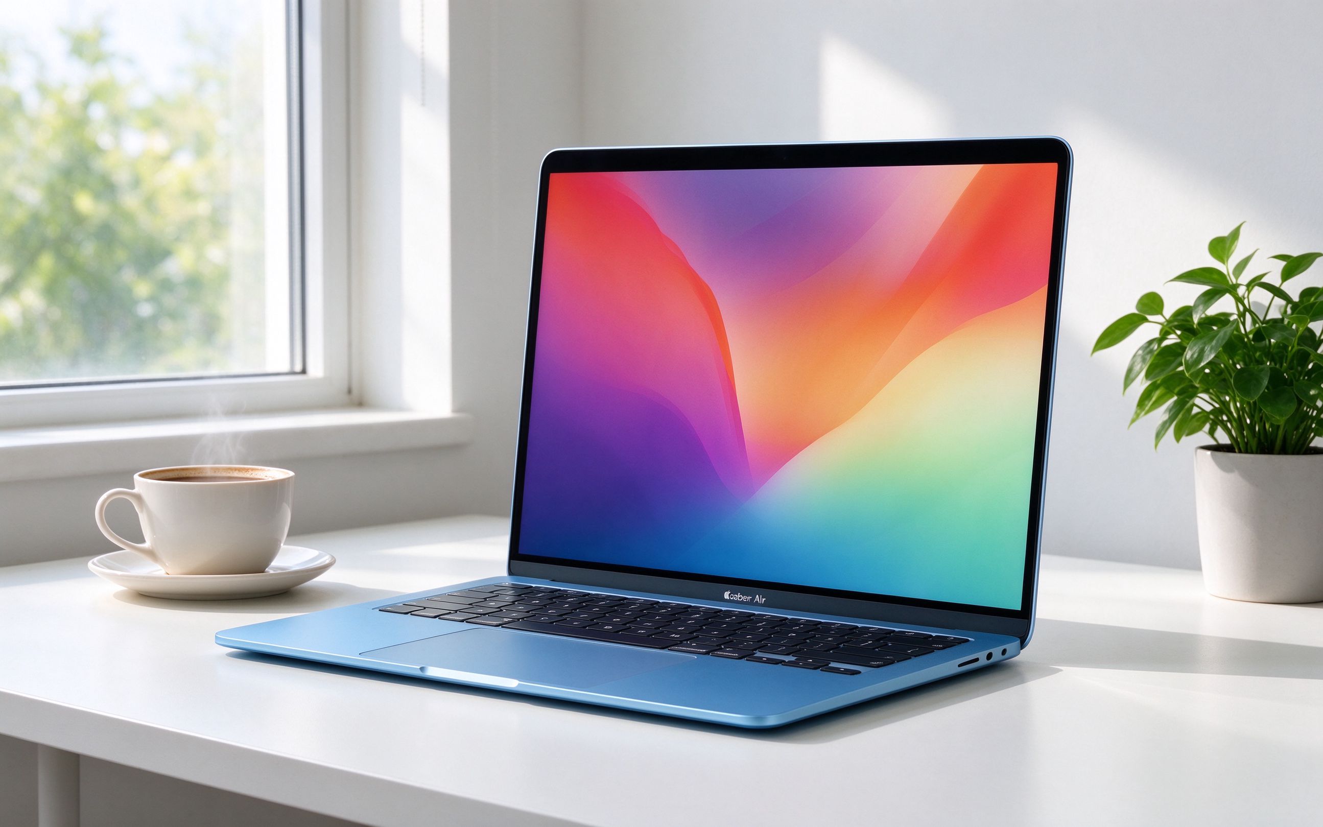 天蓝色MacBook Air笔记本电脑放在书桌上，屏幕显示彩色壁纸，轻薄便携
